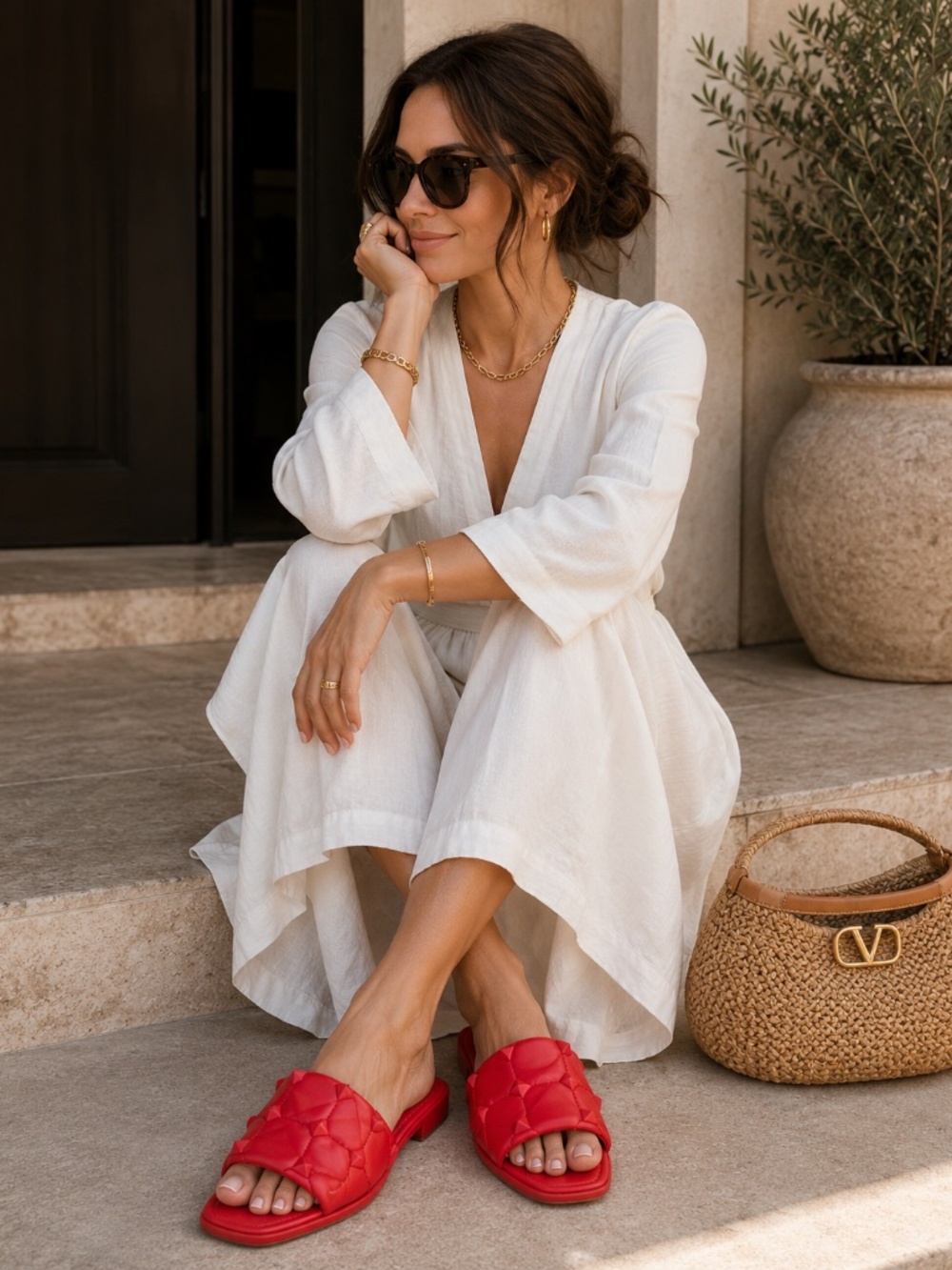 Valentino Garavani Roman Stud Quilted Red Leather Slide Sandals 41.5